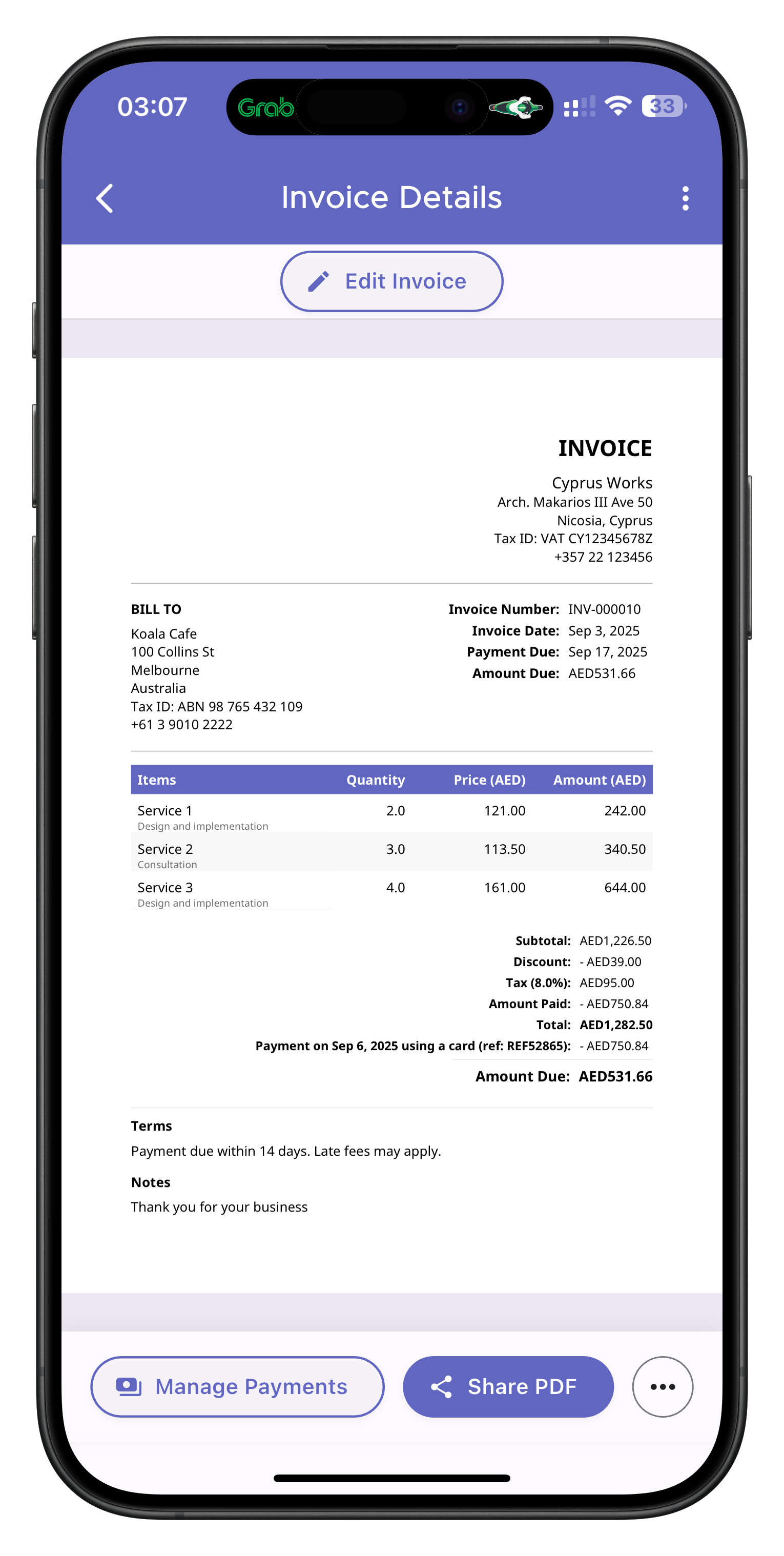 Invoice preview on iPhone